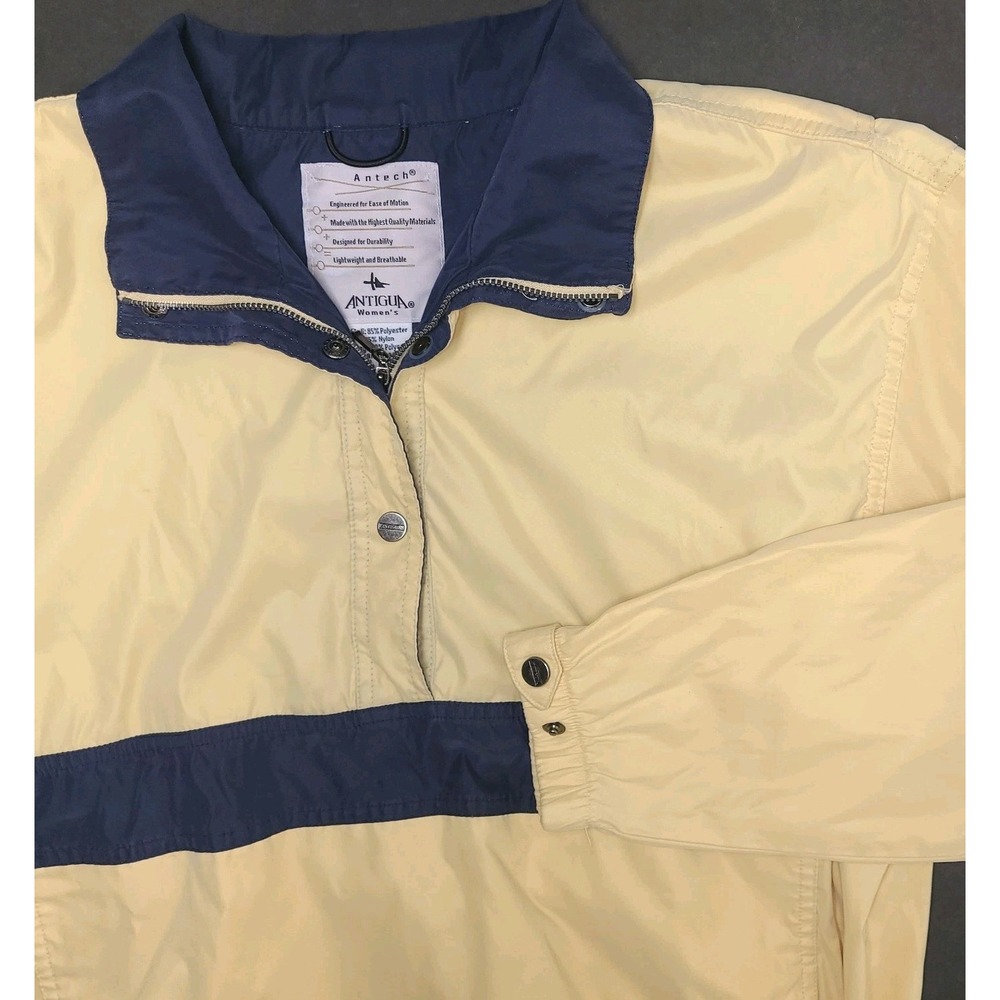 Vtg Antigua Women's Medium Pullover Jacket Yellow Navy Half Snap Windbreaker EUC